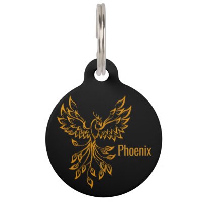 Copper Phoenix Rises on Black Pet ID Tag