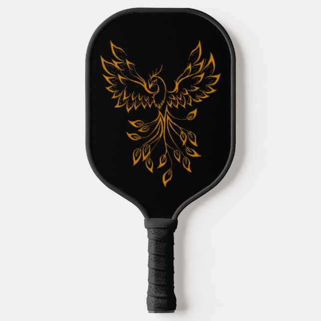 Copper Phoenix Rises on Black Pickleball Paddle (Front)