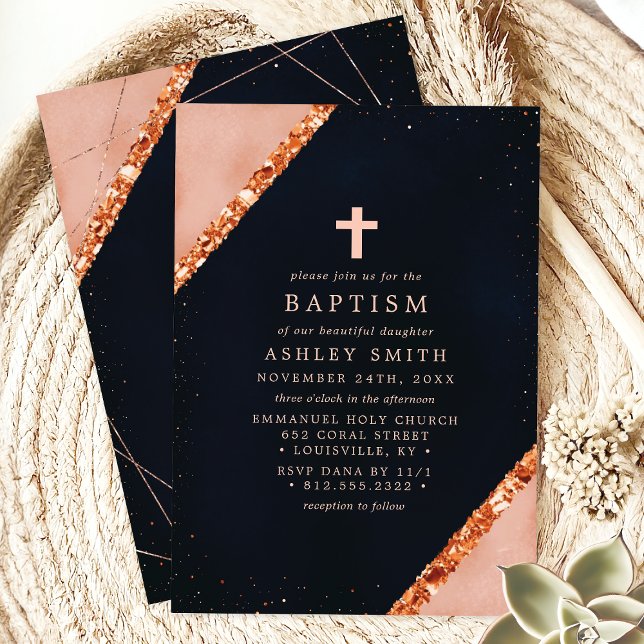 Copper Pink Navy Blue Geometric Sparkle Baptism Invitation (Creator Uploaded)