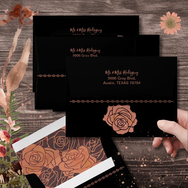 Copper Quinceañera Envelope - Elegant Rose Liner (Elegant Vintage Copper Rose Quinceañera Address Envelope)