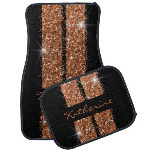 Copper Race Stripe Sparkle Glitter Script Name Car Floor Mat