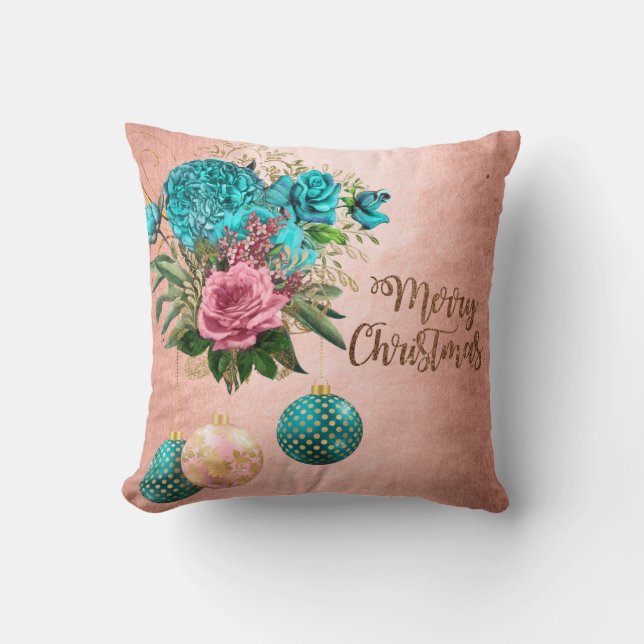 Copper rose gold & blue floral Merry Christmas Throw Pillow (Front)