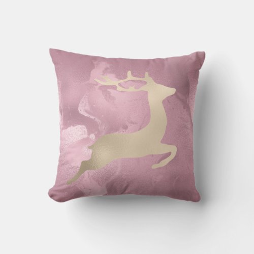 Copper Rose Gold Christmas reindeer pattern marble Throw Pillow