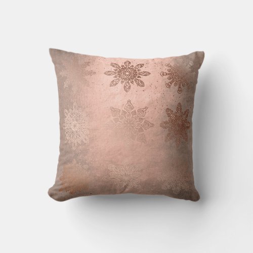 Copper rose gold Christmas snowflake pattern Throw Pillow