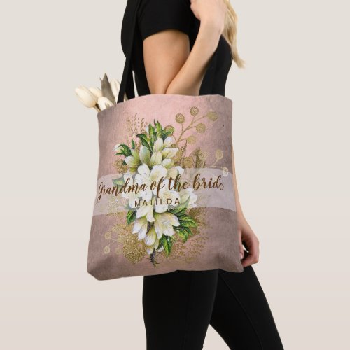 Copper rose gold floral grandma of the bride tote bag