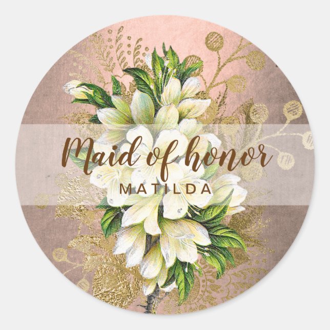 Copper rose gold floral maid of honor classic round sticker (Front)