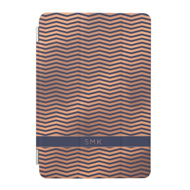 Copper Rose Gold Foil Chevron Navy Blue Monogram iPad Mini Cover (Front)