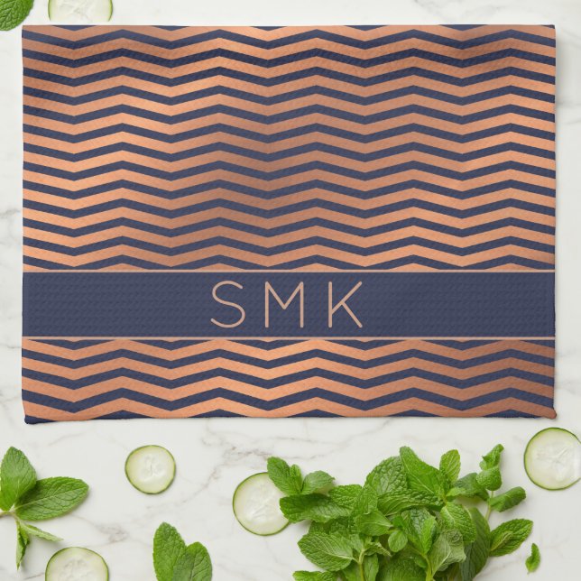 Copper Rose Gold Foil Chevron Navy Blue Monogram Kitchen Towel (Folded)