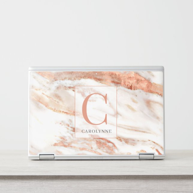 Copper Rose Gold Foil Marble Stylish Monogram HP Laptop Skin (Front)