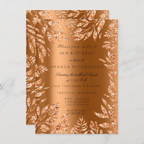 Copper Rose Gold Glitter Leafs Florals Frame Glam Invitation