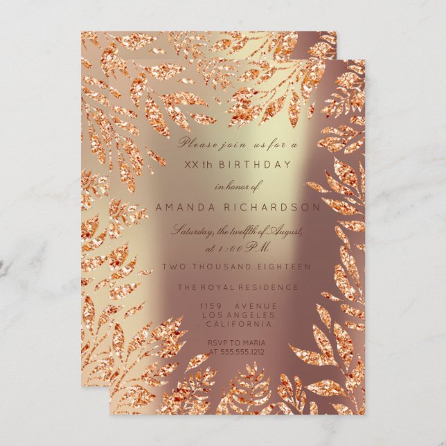 Copper Rose Gold Glitter Leafs Florals Framed Invitation (Front/Back)