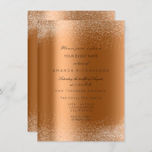 Copper Rose Gold Glitter Leafs Sand Frame Glam Invitation