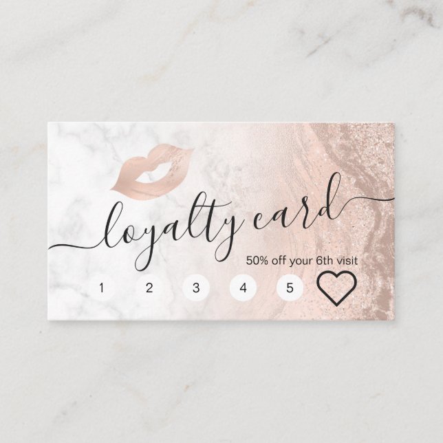 Copper rose gold glitter lips marble makeup artist loyalty card (Front)