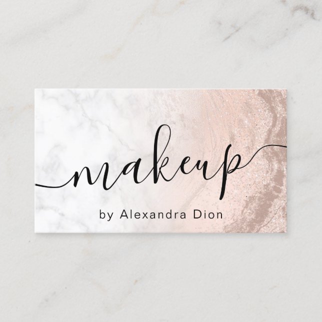 Copper rose gold glitter marble makeup artist business card (Front)