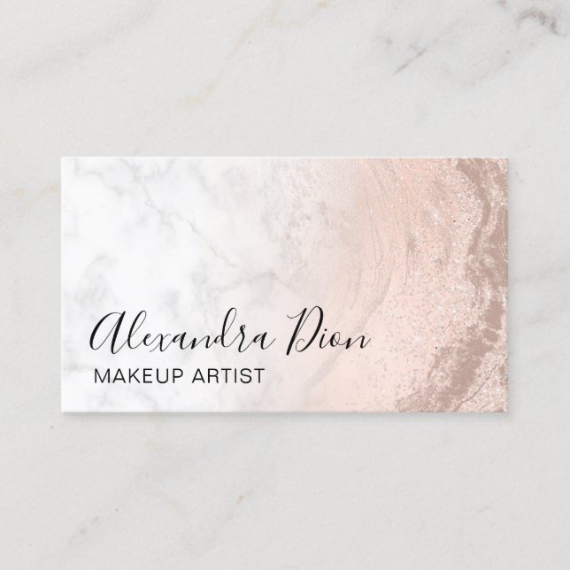 Copper rose gold glitter marble makeup artist business card (Front)