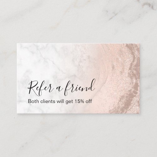 Copper rose gold glitter marble makeup artist referral card