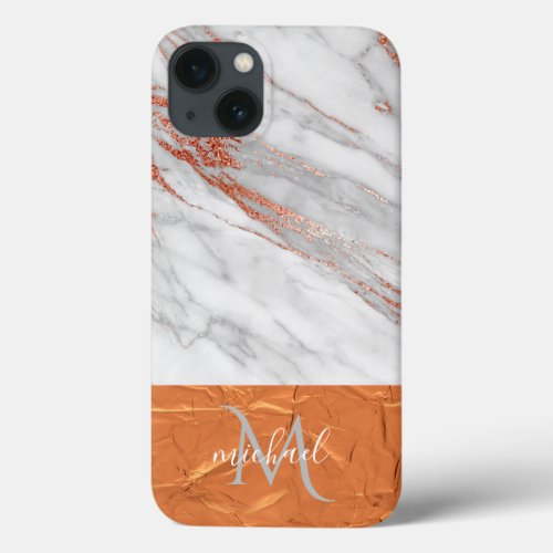 Copper Rose Gold  Grey Marble with Monogram   iPhone 13 Case
