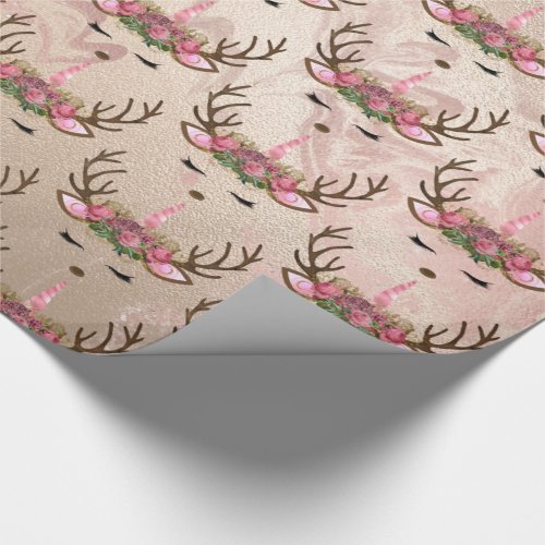 Copper rose gold marble unicorn reindeer pattern wrapping paper