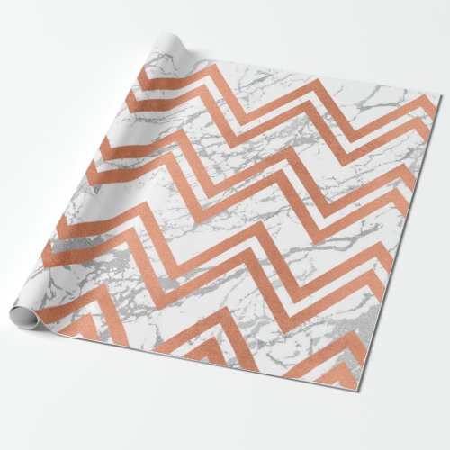 Copper Rose Gold Marble Zig Zag Chevron Gray White Wrapping Paper