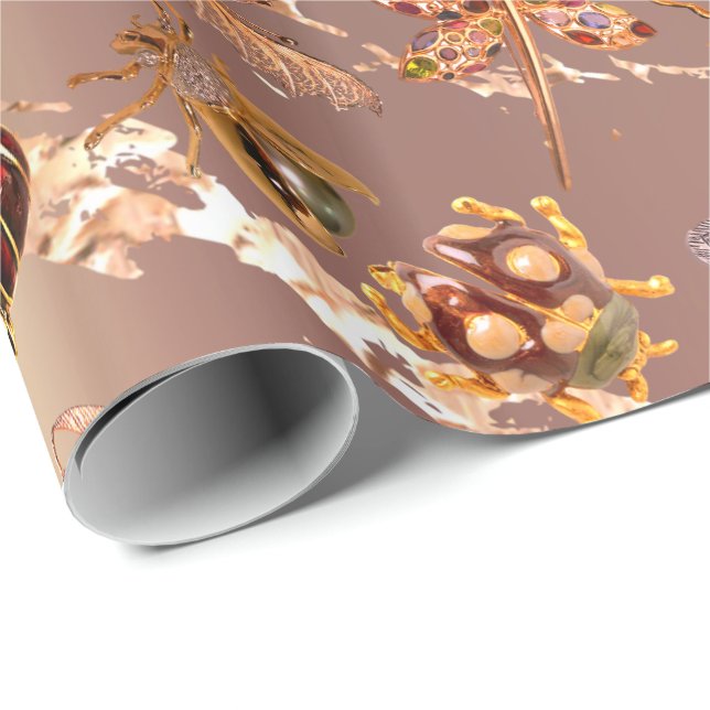 Copper Rose Gold Meadow Butterfly Insects Gems Wrapping Paper (Roll Corner)