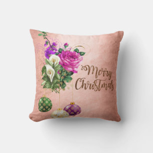 Copper rose gold & purple floral Merry Christmas Throw Pillow