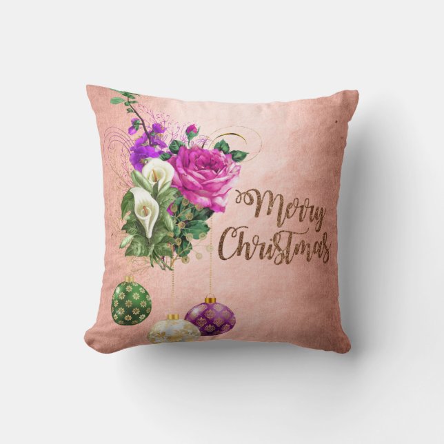 Copper rose gold & purple floral Merry Christmas Throw Pillow (Front)