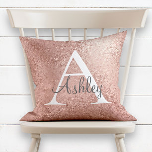 Copper Rose Gold Sparkle Monogram Name Throw Pillow