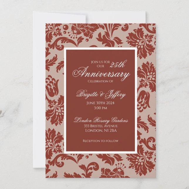 Copper rust damask anniversary invitation (Front)