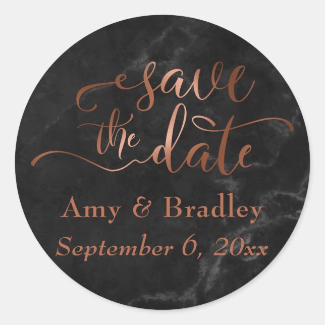 Copper Save the Date Script Over Black Marble Classic Round Sticker (Front)