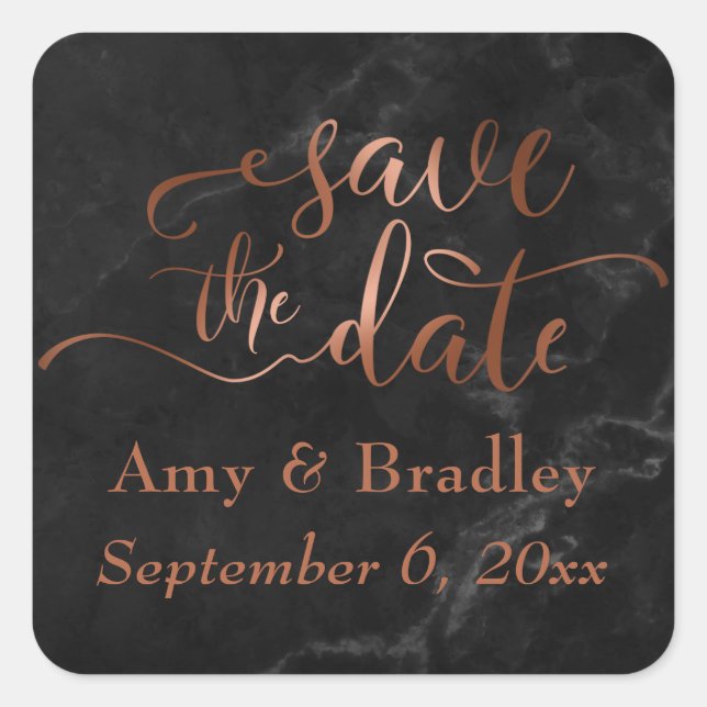 Copper Save the Date Script Over Black Marble Square Sticker (Front)