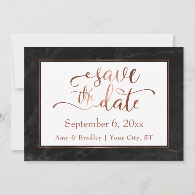 Copper Script & Black Marble Wedding Save the Date (Front)