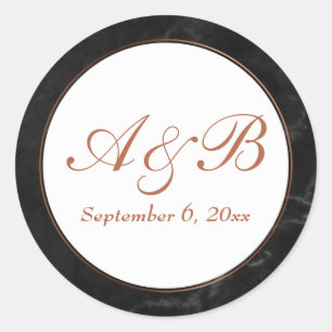 Copper Script Initials & Date w/ Faux Black Marble Classic Round Sticker