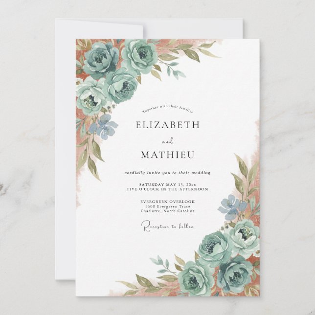 Copper Seafoam Peony Wedding Invitation (Front)