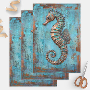 Copper Seahorse Patina Distressed Metal Wrapping Paper Sheets