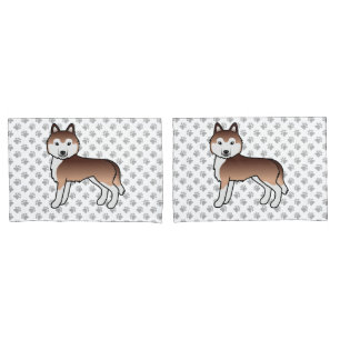Copper Siberian Husky Cartoon Dog And Paws Pillow Case