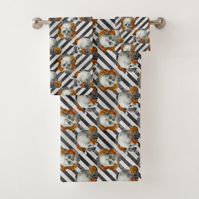Copper skull flower stripe Halloween Bath Towel Set (Insitu)