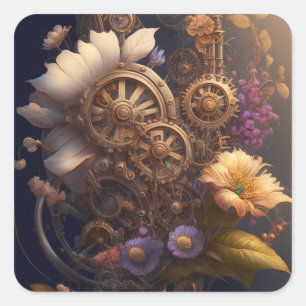 Copper Steampunk Purple Flowers Unique Wedding Square Sticker