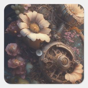 Copper Steampunk White Flowers Unique Wedding Square Sticker