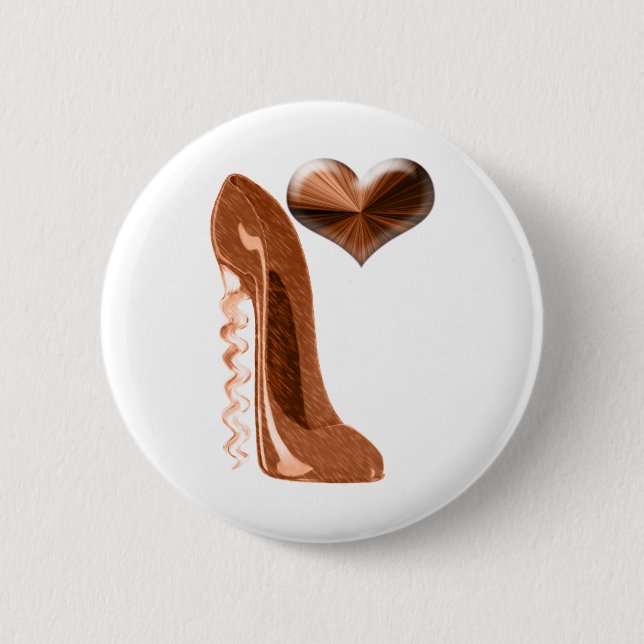 Copper Stiletto High Heel Shoe and 3D Heart Pinback Button (Front)