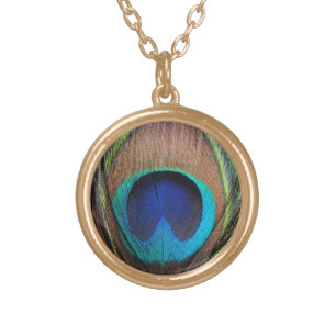 Copper/Teal/Blue Peacock Feather Gold Plated Necklace