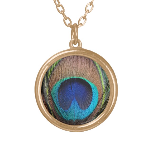 Copper/Teal/Blue Peacock Feather Gold Plated Necklace (Front)