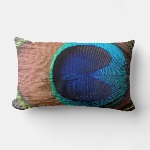 CopperTealBlue Peacock Feather Lumbar Pillow
