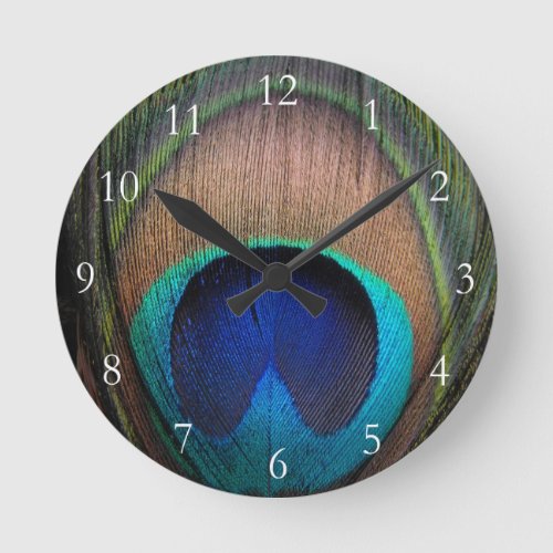 CopperTealBlue Peacock Feather Round Clock