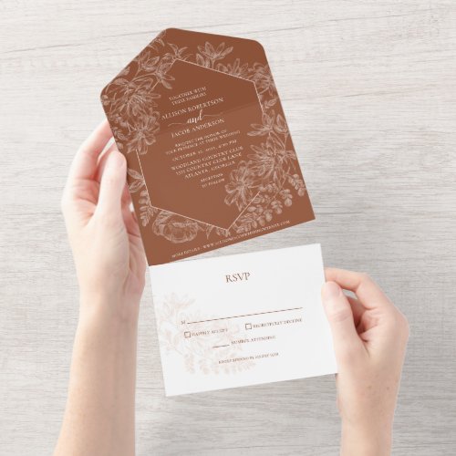 Copper Terracotta Floral Botanical Wedding  All In One Invitation