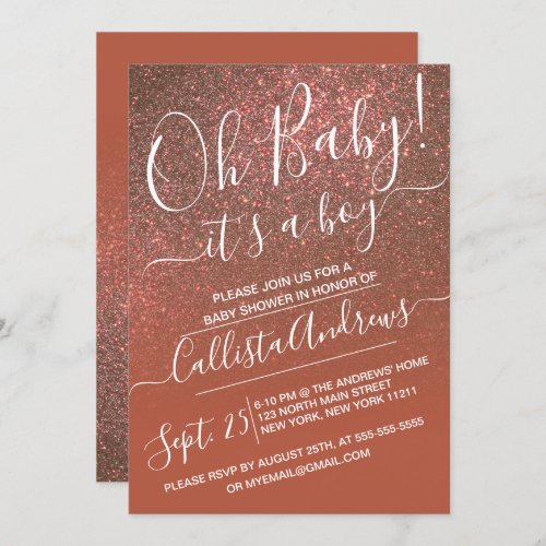 Copper Terracotta Glitter Ombre Baby Shower Invitation