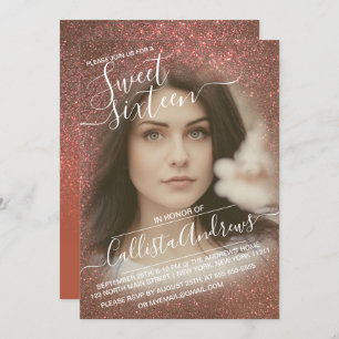 Copper Terracotta Glitter Ombre Photo Sweet 16 Invitation