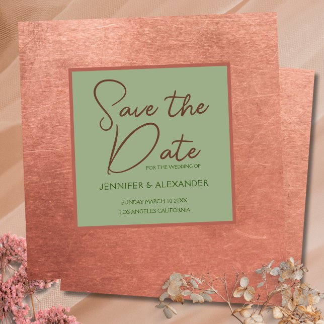 Copper Terracotta Sage Green Square Save the Date Invitation (Creator Uploaded)