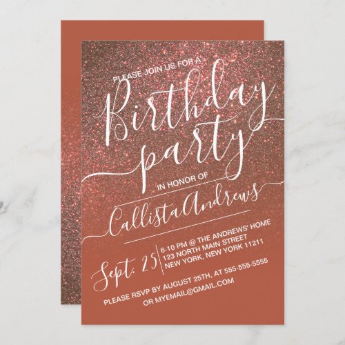 Copper Terracotta Sparkly Glitter Ombre Birthday Invitation