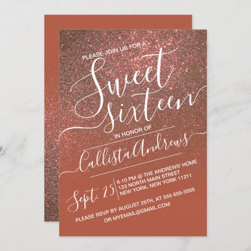 Copper Terracotta Sparkly Glitter Ombre Sweet 16 Invitation