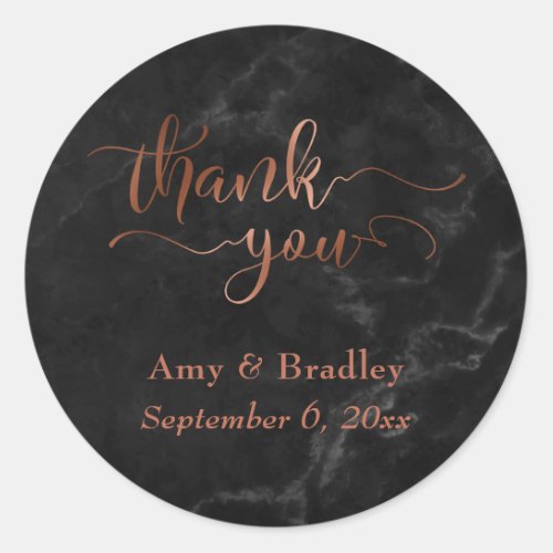 Copper Thank You Script Over Black Marble Classic Round Sticker